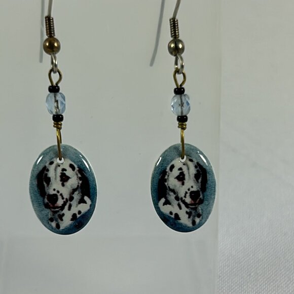 Dalmatian Dog Dangle Earrings Ceramic Blue Black White Beaded 2" Pet - Picture 3 of 9